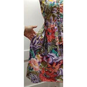 Vintage Sleeveless Spring Dress Lavender Big Floral Khaki Buttons Peach Belted